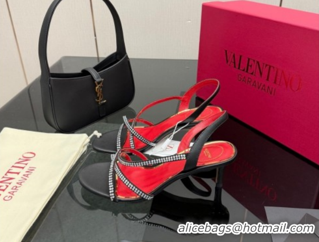 Good Product Valentino Calfskin Leather Heel Sandals 5.5cm with Strass Black VLTN121601 1216011