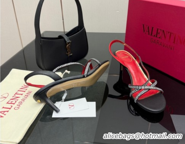 Good Product Valentino Calfskin Leather Heel Sandals 5.5cm with Strass Black VLTN121601 1216011