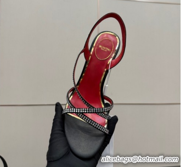 Good Product Valentino Calfskin Leather Heel Sandals 5.5cm with Strass Black VLTN121601 1216011