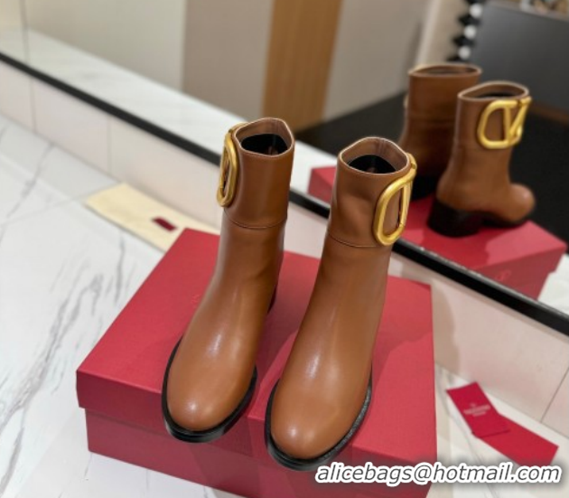 Charming Valentino Maxi-VLogo Heel Ankle Boots 5.5cm in Calfskin Leather Brown VLTN121603 1216017