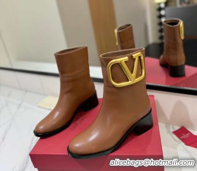 Charming Valentino Maxi-VLogo Heel Ankle Boots 5.5cm in Calfskin Leather Brown VLTN121603 1216017