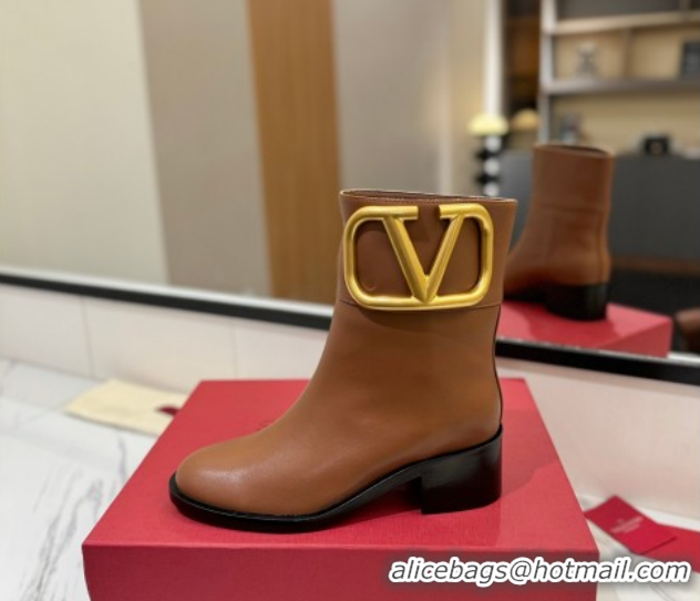 Charming Valentino Maxi-VLogo Heel Ankle Boots 5.5cm in Calfskin Leather Brown VLTN121603 1216017