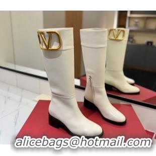 Purchase Valentino Maxi-VLogo Heel High Boots 5.5cm in Calfskin Leather White VLTN121603 1216020