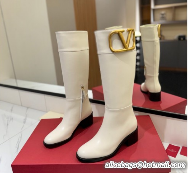 Purchase Valentino Maxi-VLogo Heel High Boots 5.5cm in Calfskin Leather White VLTN121603 1216020