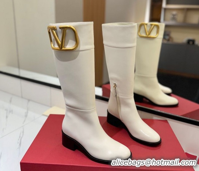 Purchase Valentino Maxi-VLogo Heel High Boots 5.5cm in Calfskin Leather White VLTN121603 1216020