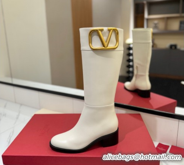 Purchase Valentino Maxi-VLogo Heel High Boots 5.5cm in Calfskin Leather White VLTN121603 1216020