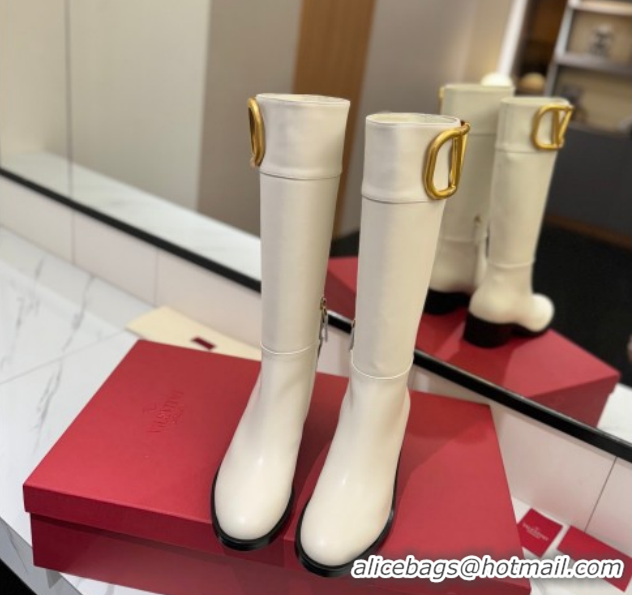 Purchase Valentino Maxi-VLogo Heel High Boots 5.5cm in Calfskin Leather White VLTN121603 1216020