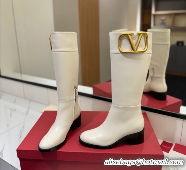 Purchase Valentino Maxi-VLogo Heel High Boots 5.5cm in Calfskin Leather White VLTN121603 1216020