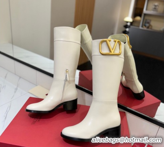 Purchase Valentino Maxi-VLogo Heel High Boots 5.5cm in Calfskin Leather White VLTN121603 1216020