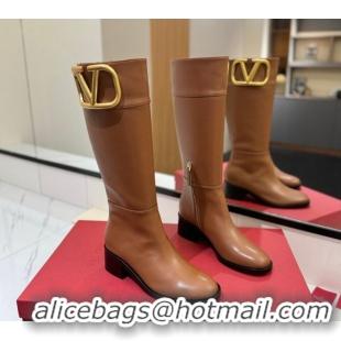 Unique Style Valentino Maxi-VLogo Heel High Boots 5.5cm in Calfskin Leather Brown VLTN121603 51216021