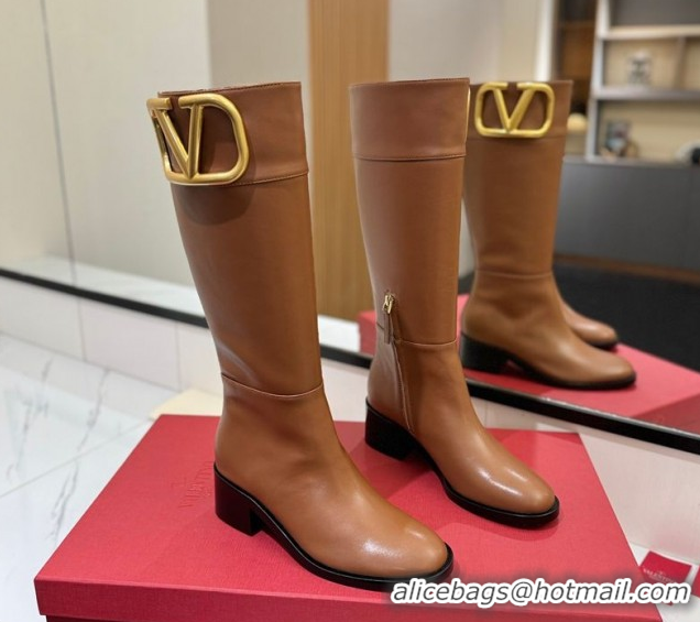 Unique Style Valentino Maxi-VLogo Heel High Boots 5.5cm in Calfskin Leather Brown VLTN121603 51216021