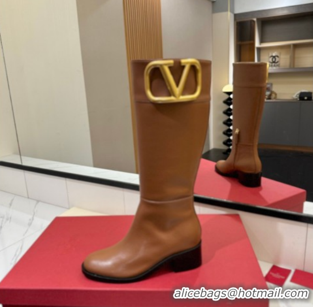Unique Style Valentino Maxi-VLogo Heel High Boots 5.5cm in Calfskin Leather Brown VLTN121603 51216021