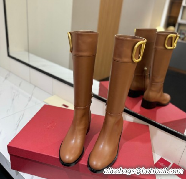 Unique Style Valentino Maxi-VLogo Heel High Boots 5.5cm in Calfskin Leather Brown VLTN121603 51216021