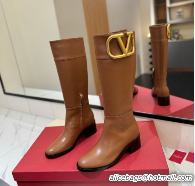 Unique Style Valentino Maxi-VLogo Heel High Boots 5.5cm in Calfskin Leather Brown VLTN121603 51216021