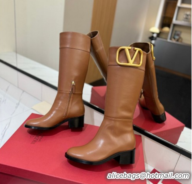 Unique Style Valentino Maxi-VLogo Heel High Boots 5.5cm in Calfskin Leather Brown VLTN121603 51216021
