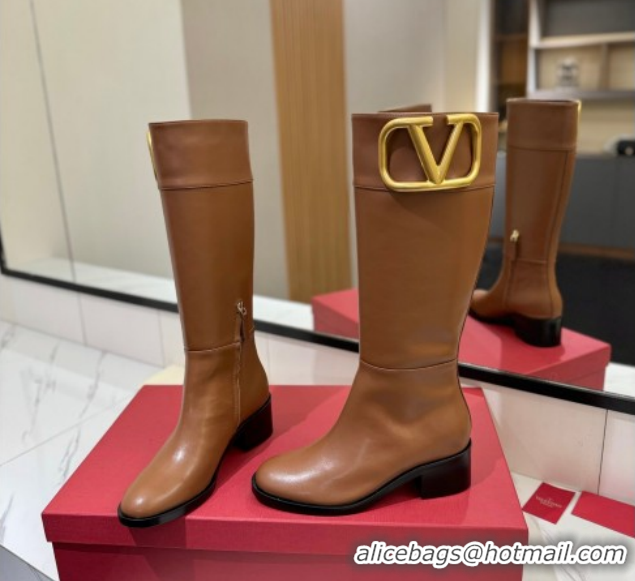 Unique Style Valentino Maxi-VLogo Heel High Boots 5.5cm in Calfskin Leather Brown VLTN121603 51216021