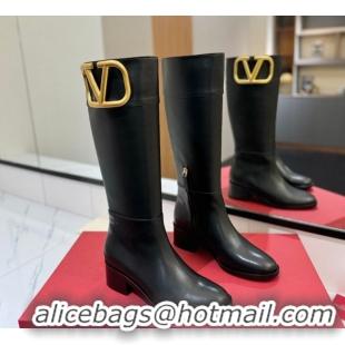 Top Grade Valentino Maxi-VLogo Heel High Boots 5.5cm in Calfskin Leather Black VLTN121603 1216022