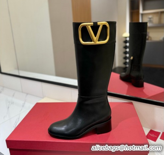 Top Grade Valentino Maxi-VLogo Heel High Boots 5.5cm in Calfskin Leather Black VLTN121603 1216022