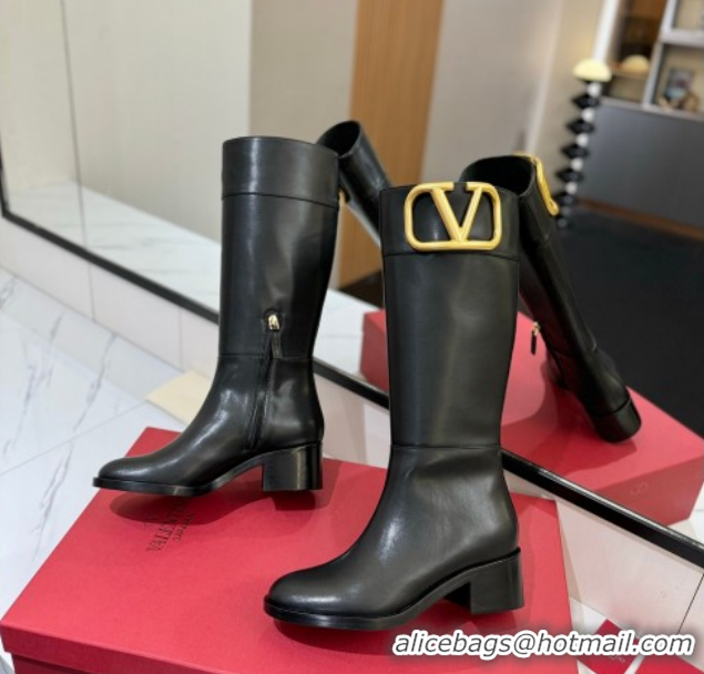 Top Grade Valentino Maxi-VLogo Heel High Boots 5.5cm in Calfskin Leather Black VLTN121603 1216022