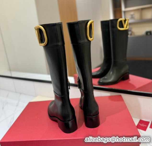 Top Grade Valentino Maxi-VLogo Heel High Boots 5.5cm in Calfskin Leather Black VLTN121603 1216022