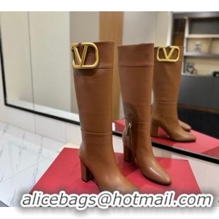Good Quality Valentino Maxi-VLogo Heel High Boots 8cm in Calfskin Leather Brown VLTN121603 1216023