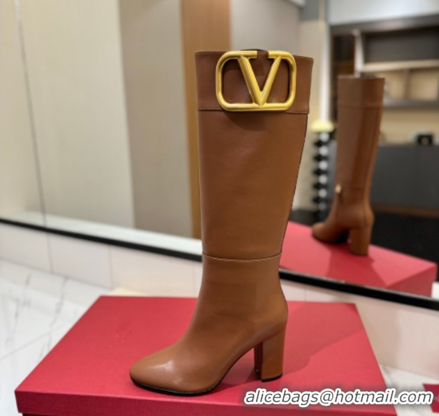 Good Quality Valentino Maxi-VLogo Heel High Boots 8cm in Calfskin Leather Brown VLTN121603 1216023