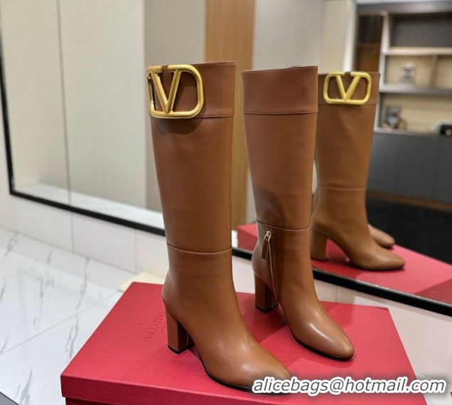 Good Quality Valentino Maxi-VLogo Heel High Boots 8cm in Calfskin Leather Brown VLTN121603 1216023