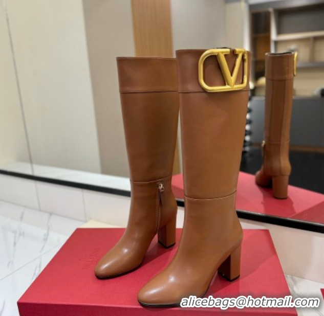 Good Quality Valentino Maxi-VLogo Heel High Boots 8cm in Calfskin Leather Brown VLTN121603 1216023