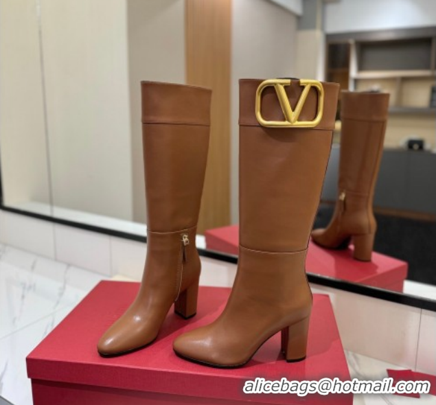 Good Quality Valentino Maxi-VLogo Heel High Boots 8cm in Calfskin Leather Brown VLTN121603 1216023