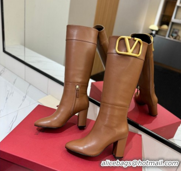 Good Quality Valentino Maxi-VLogo Heel High Boots 8cm in Calfskin Leather Brown VLTN121603 1216023