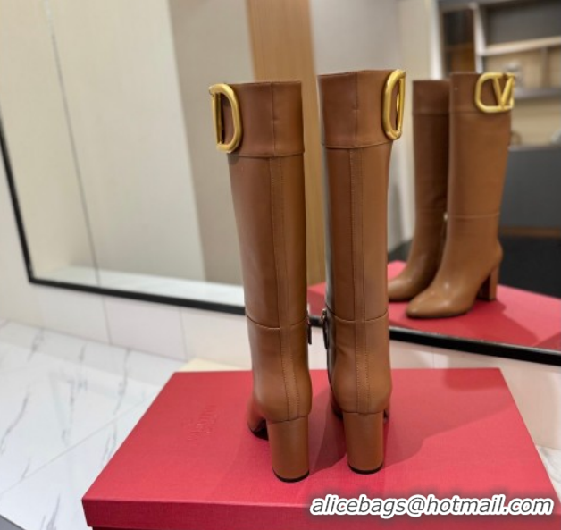 Good Quality Valentino Maxi-VLogo Heel High Boots 8cm in Calfskin Leather Brown VLTN121603 1216023