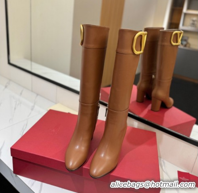 Good Quality Valentino Maxi-VLogo Heel High Boots 8cm in Calfskin Leather Brown VLTN121603 1216023