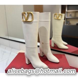 Grade Quality Valentino Maxi-VLogo Heel High Boots 8cm in Calfskin Leather White VLTN121603 1216024