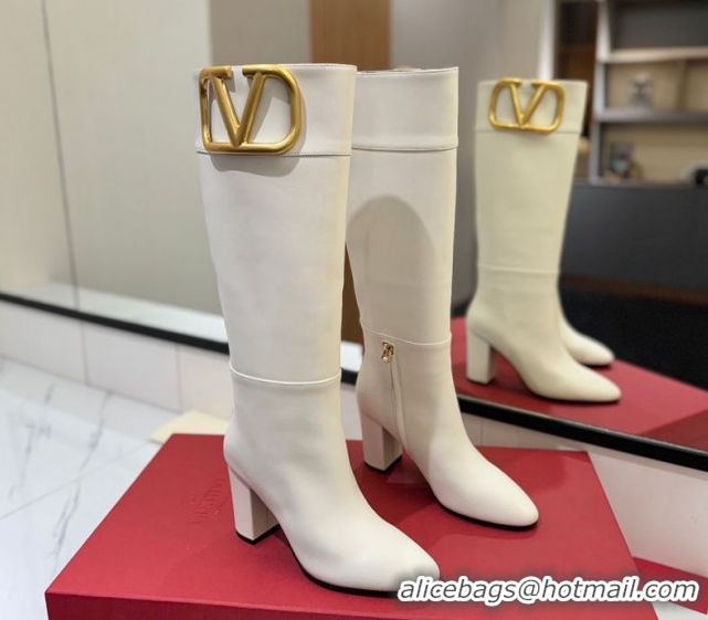 Grade Quality Valentino Maxi-VLogo Heel High Boots 8cm in Calfskin Leather White VLTN121603 1216024