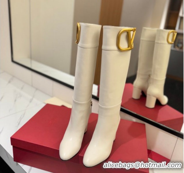 Grade Quality Valentino Maxi-VLogo Heel High Boots 8cm in Calfskin Leather White VLTN121603 1216024