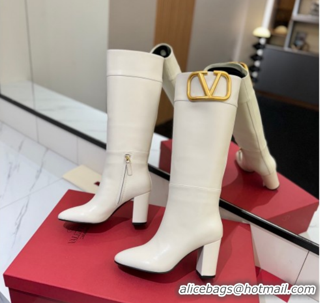 Grade Quality Valentino Maxi-VLogo Heel High Boots 8cm in Calfskin Leather White VLTN121603 1216024