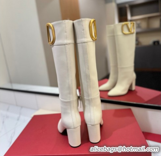 Grade Quality Valentino Maxi-VLogo Heel High Boots 8cm in Calfskin Leather White VLTN121603 1216024