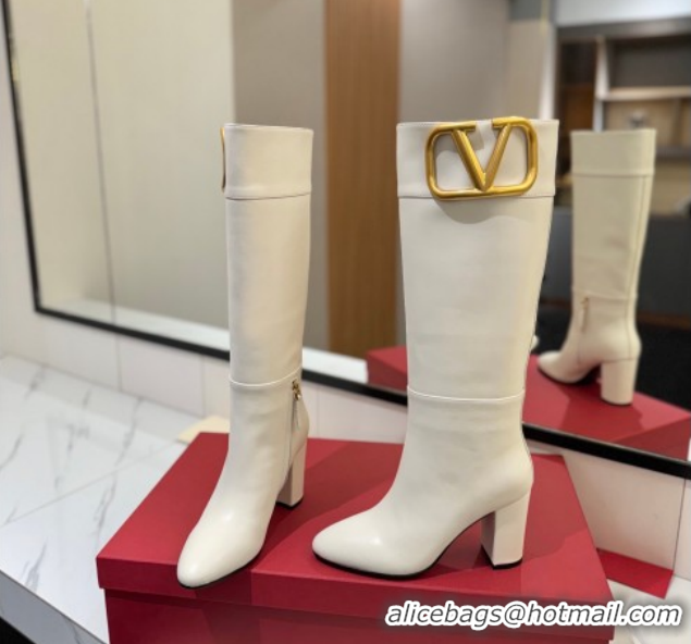 Grade Quality Valentino Maxi-VLogo Heel High Boots 8cm in Calfskin Leather White VLTN121603 1216024