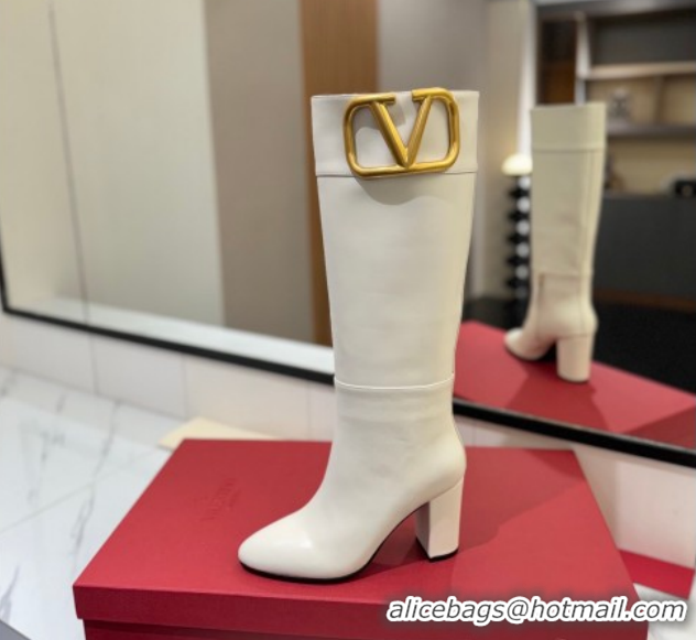 Grade Quality Valentino Maxi-VLogo Heel High Boots 8cm in Calfskin Leather White VLTN121603 1216024
