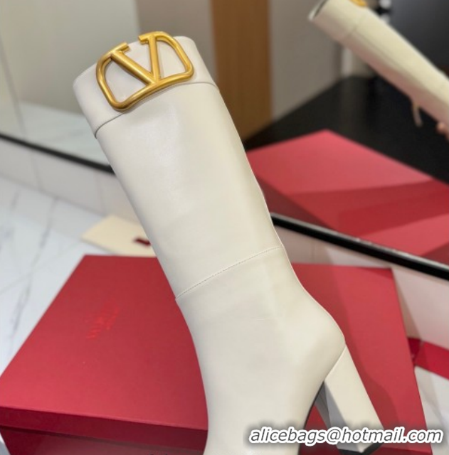 Grade Quality Valentino Maxi-VLogo Heel High Boots 8cm in Calfskin Leather White VLTN121603 1216024