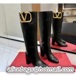 Best Grade Valentino Maxi-VLogo Heel High Boots 8cm in Calfskin Leather Black VLTN121603 1216025