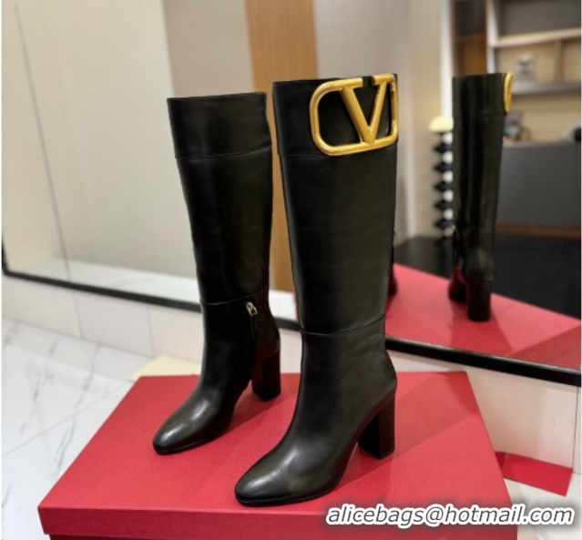 Best Grade Valentino Maxi-VLogo Heel High Boots 8cm in Calfskin Leather Black VLTN121603 1216025