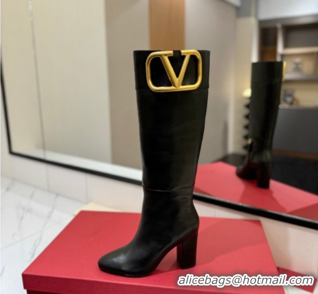 Best Grade Valentino Maxi-VLogo Heel High Boots 8cm in Calfskin Leather Black VLTN121603 1216025