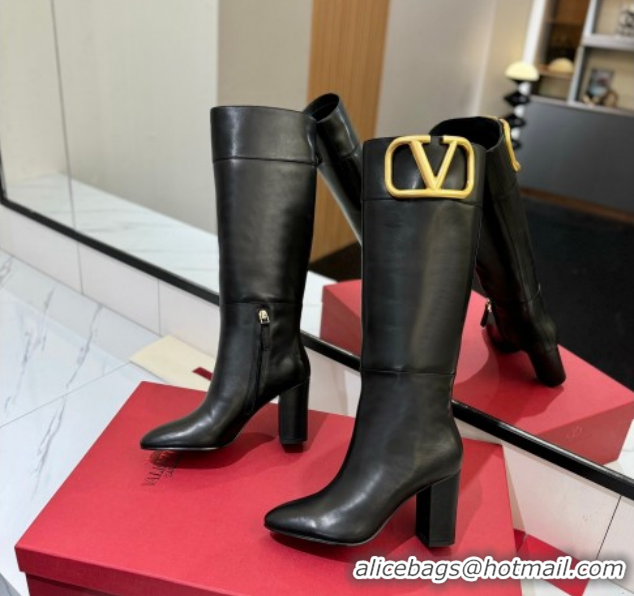 Best Grade Valentino Maxi-VLogo Heel High Boots 8cm in Calfskin Leather Black VLTN121603 1216025