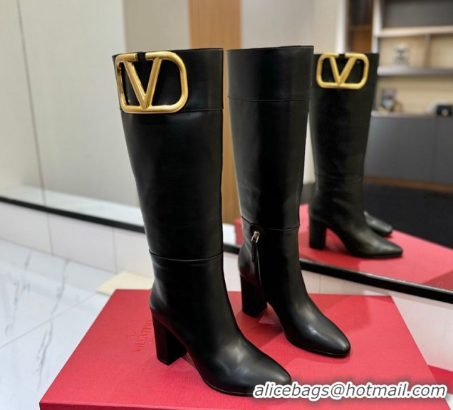 Best Grade Valentino Maxi-VLogo Heel High Boots 8cm in Calfskin Leather Black VLTN121603 1216025