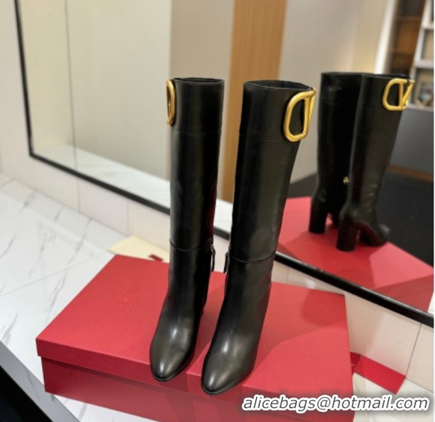 Best Grade Valentino Maxi-VLogo Heel High Boots 8cm in Calfskin Leather Black VLTN121603 1216025