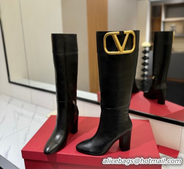 Best Grade Valentino Maxi-VLogo Heel High Boots 8cm in Calfskin Leather Black VLTN121603 1216025