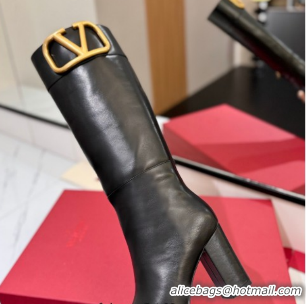 Best Grade Valentino Maxi-VLogo Heel High Boots 8cm in Calfskin Leather Black VLTN121603 1216025