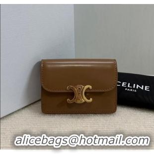 Top Quality Celine Card Holder Wallet with Flap Triomphe in Shiny Calfskin 10D583 Bronze 2024