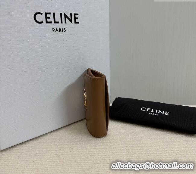 Top Quality Celine Card Holder Wallet with Flap Triomphe in Shiny Calfskin 10D583 Bronze 2024